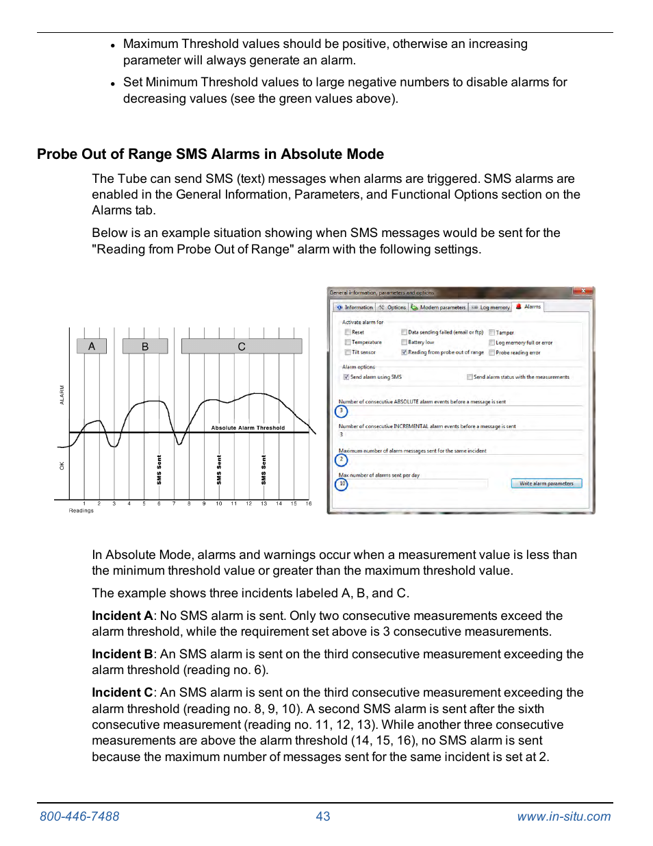 Probe out of range sms alarms in absolute mode | In-Situ Tube 300R Telemetry System User Manual | Page 43 / 44