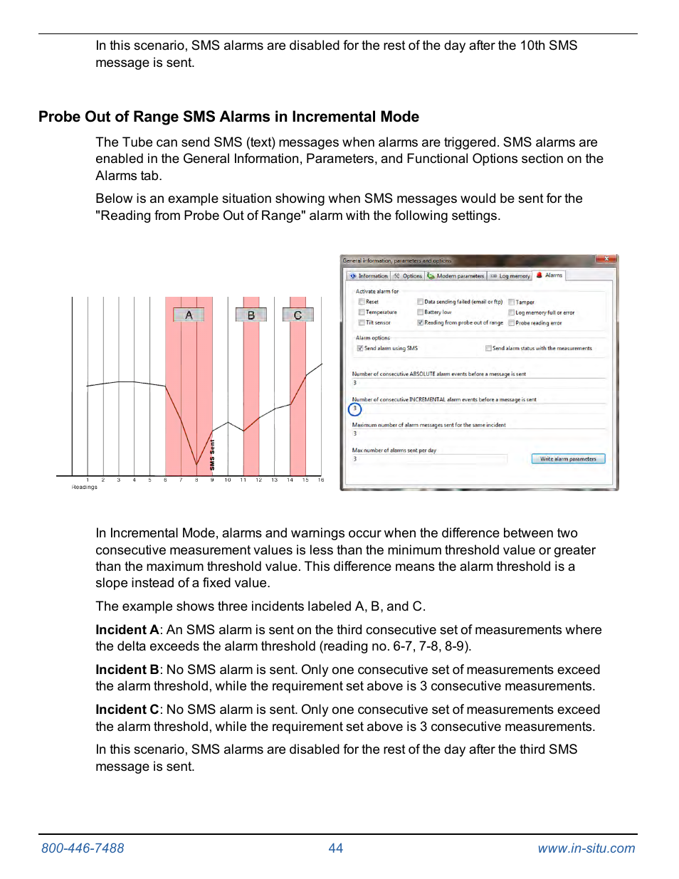 Probe out of range sms alarms in incremental mode | In-Situ Tube 300R Telemetry System User Manual | Page 44 / 44