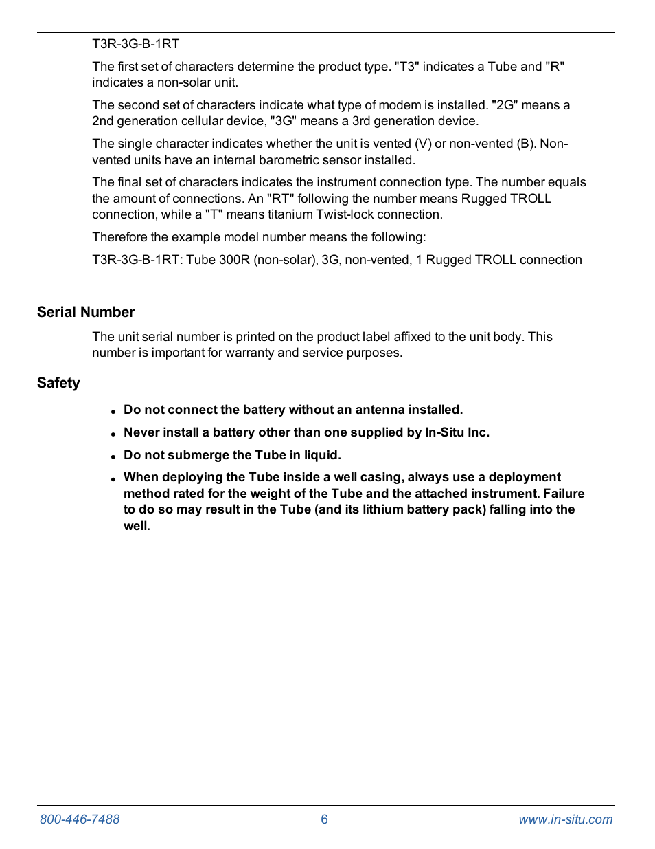 Serial number, Safety | In-Situ Tube 300R Telemetry System User Manual | Page 6 / 44