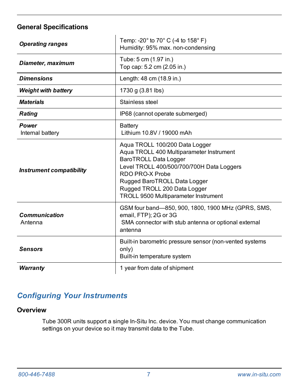 General specifications, 2 configuring your instruments, Overview | Configuring your instruments | In-Situ Tube 300R Telemetry System User Manual | Page 7 / 44