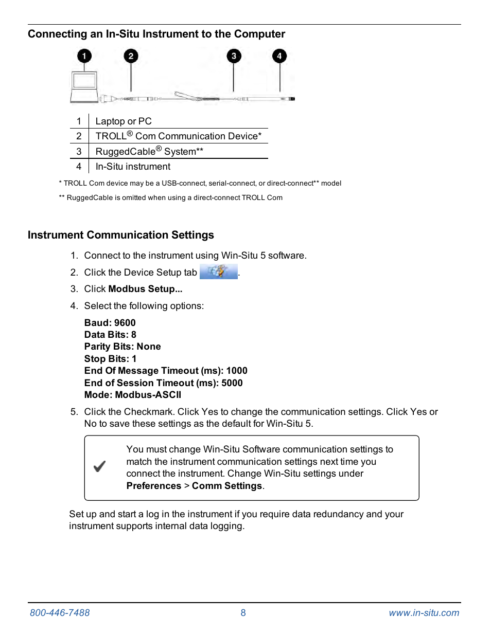 Connecting an in-situ instrument to the computer, Instrument communication settings | In-Situ Tube 300R Telemetry System User Manual | Page 8 / 44