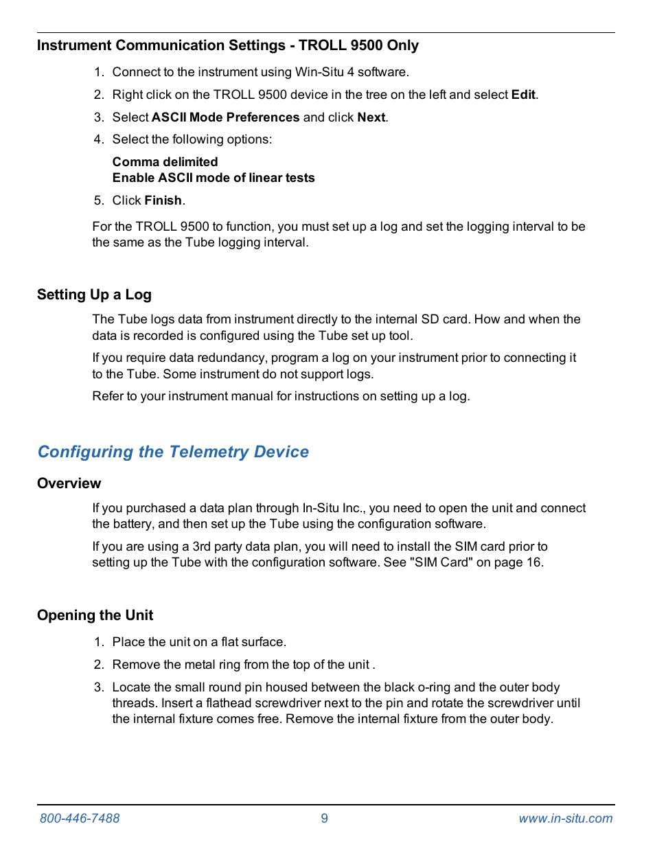 Setting up a log, 3 configuring the telemetry device, Overview | Opening the unit, Configuring the telemetry device | In-Situ Tube 300R Telemetry System User Manual | Page 9 / 44