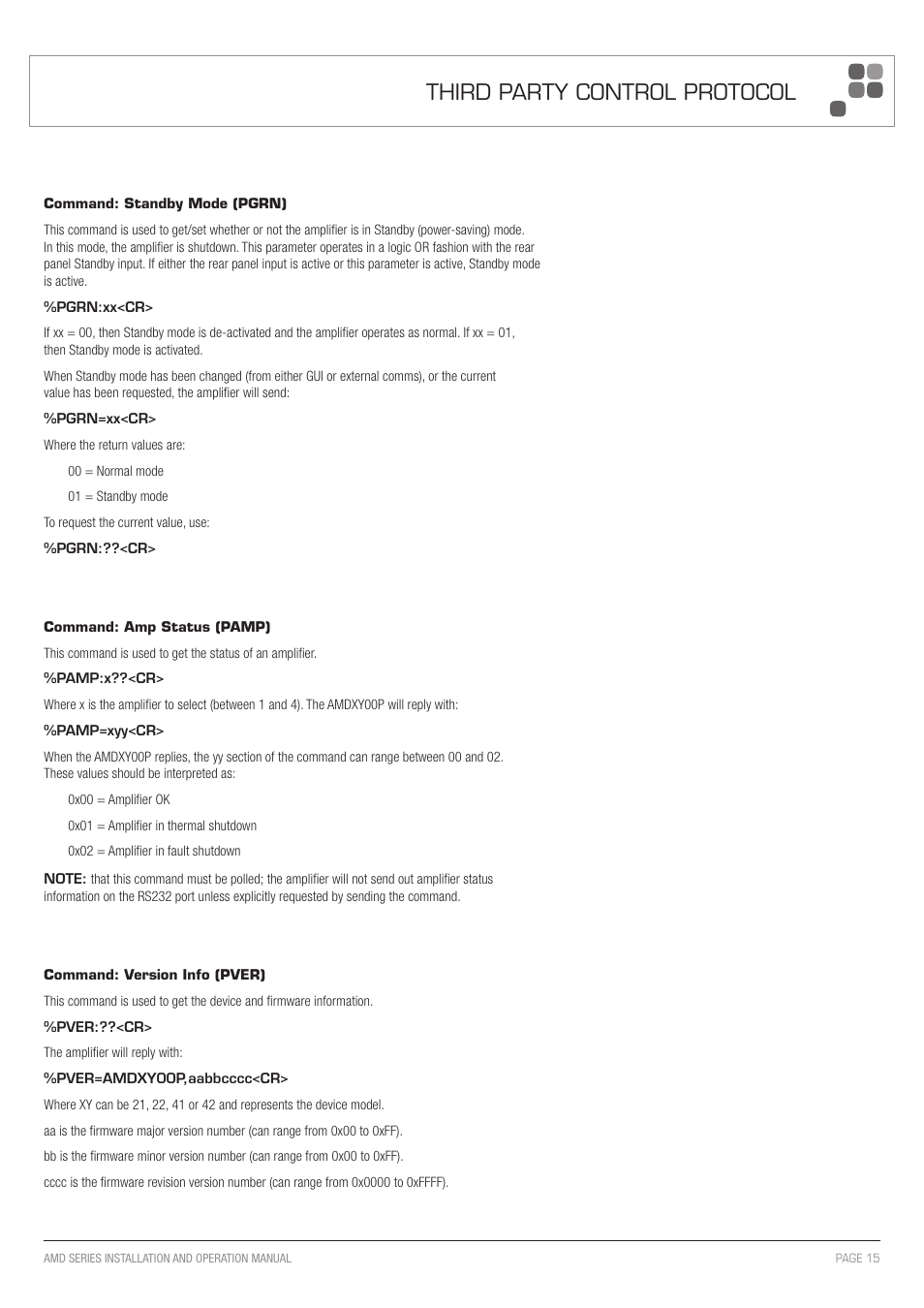 Third party control protocol | Australian Monitor AMD P Series User Manual | Page 15 / 20