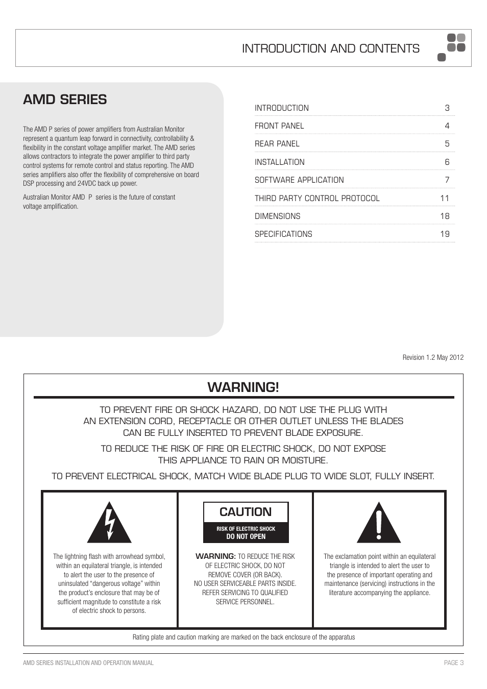 Warning, Amd series, Caution | Introduction and contents | Australian Monitor AMD P Series User Manual | Page 3 / 20