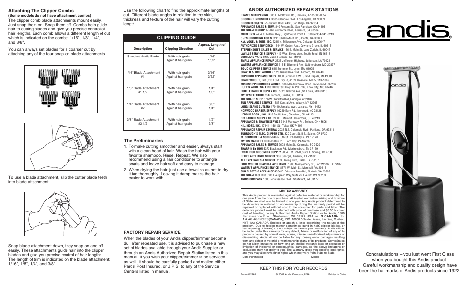 Attaching the clipper combs, Clipping guide, The preliminaries | Andis authorized repair stations | Andis Company clipper/ trimmer User Manual | Page 2 / 2