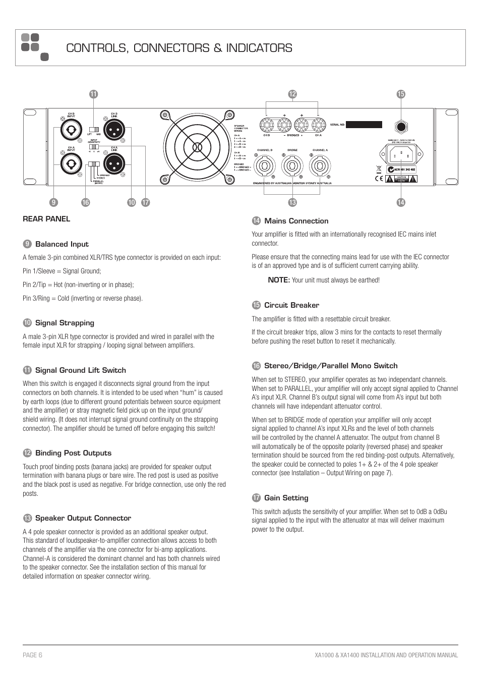 Controls, connectors & indicators | Australian Monitor XA1400 User Manual | Page 6 / 12