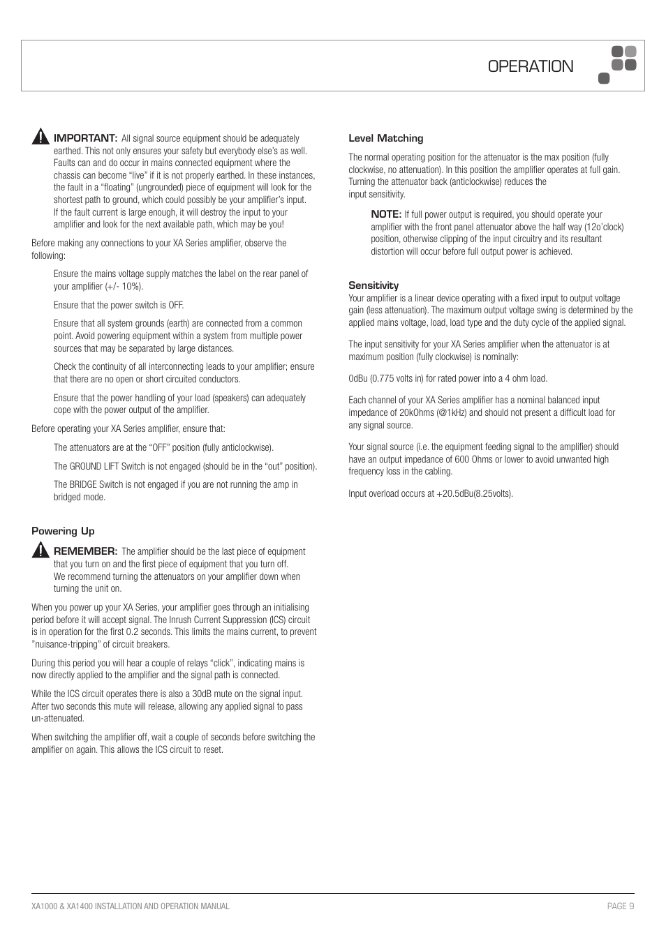 Operation | Australian Monitor XA1400 User Manual | Page 9 / 12