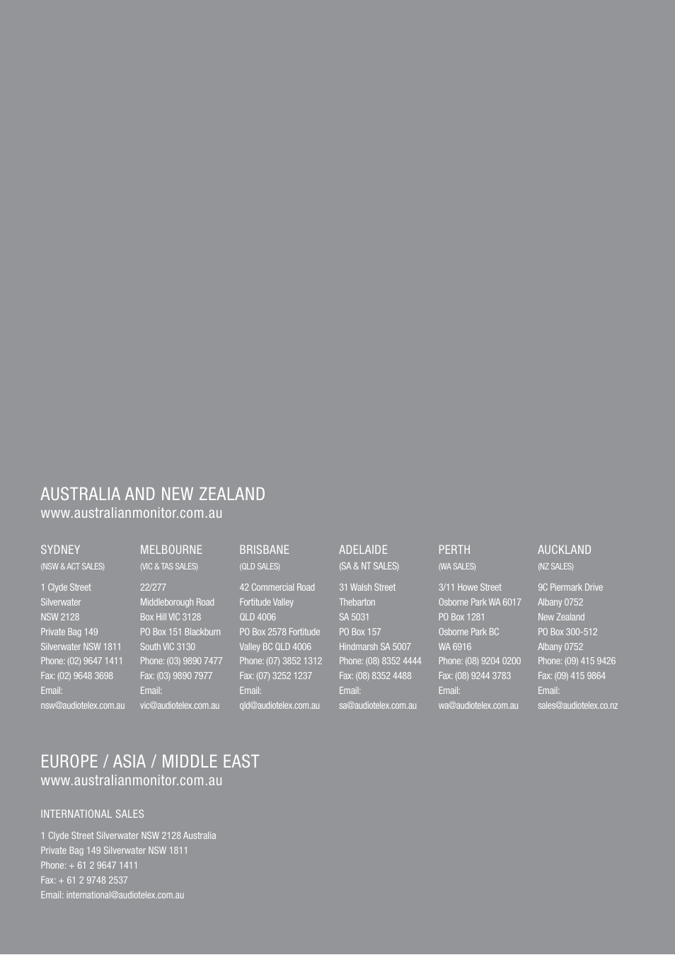 Australia and new zealand, Europe / asia / middle east | Australian Monitor PM16 User Manual | Page 16 / 16