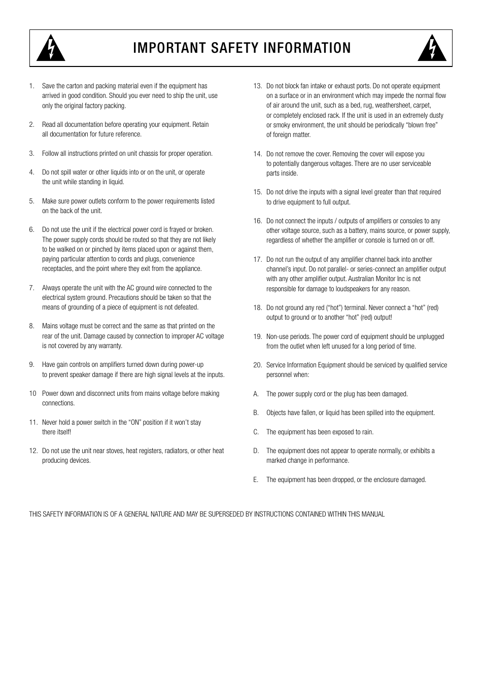 Important safety information | Australian Monitor PM16 User Manual | Page 2 / 16