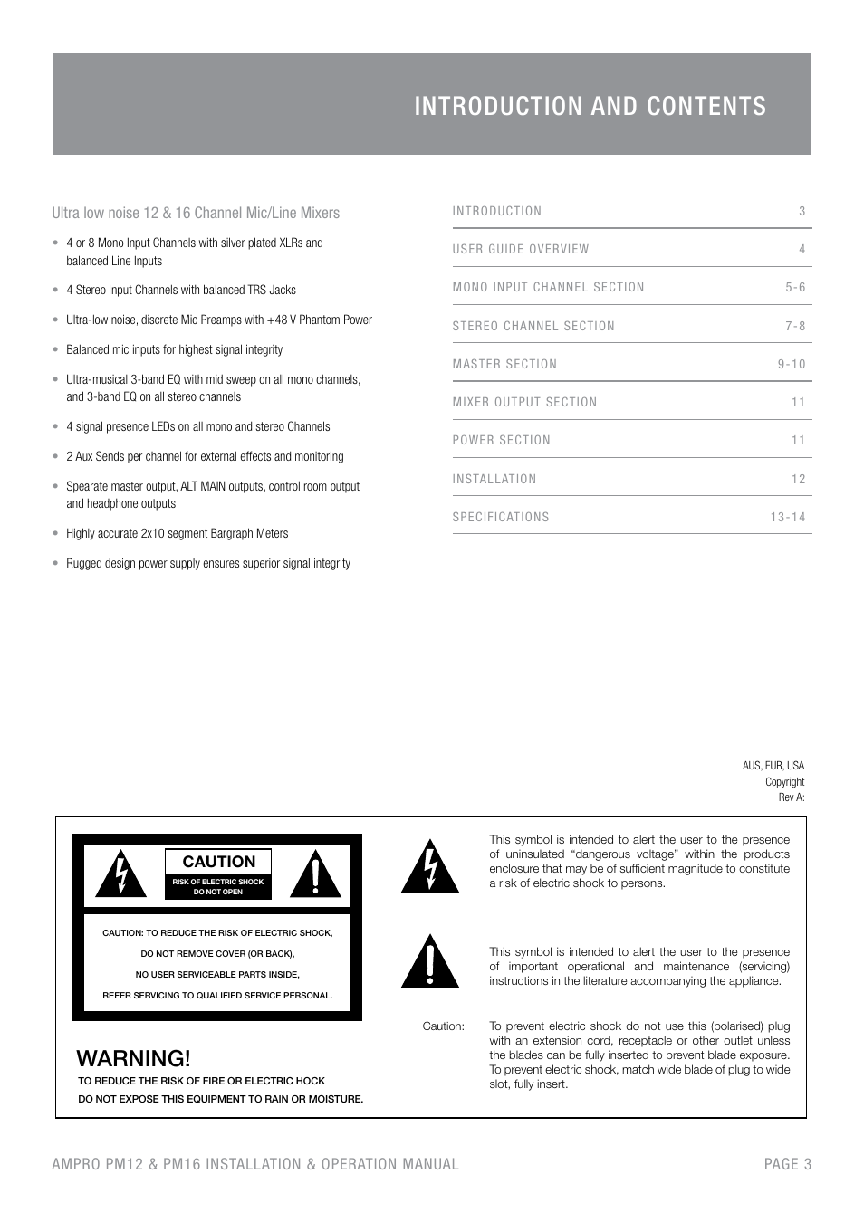 Introduction and contents, Warning | Australian Monitor PM16 User Manual | Page 3 / 16