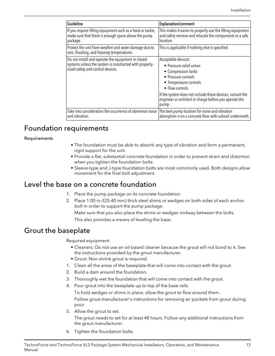 Foundation requirements, Level the base on a concrete foundation, Grout the baseplate | Bell & Gossett 10 001 247 R3 TechnoForce Package System User Manual | Page 15 / 36