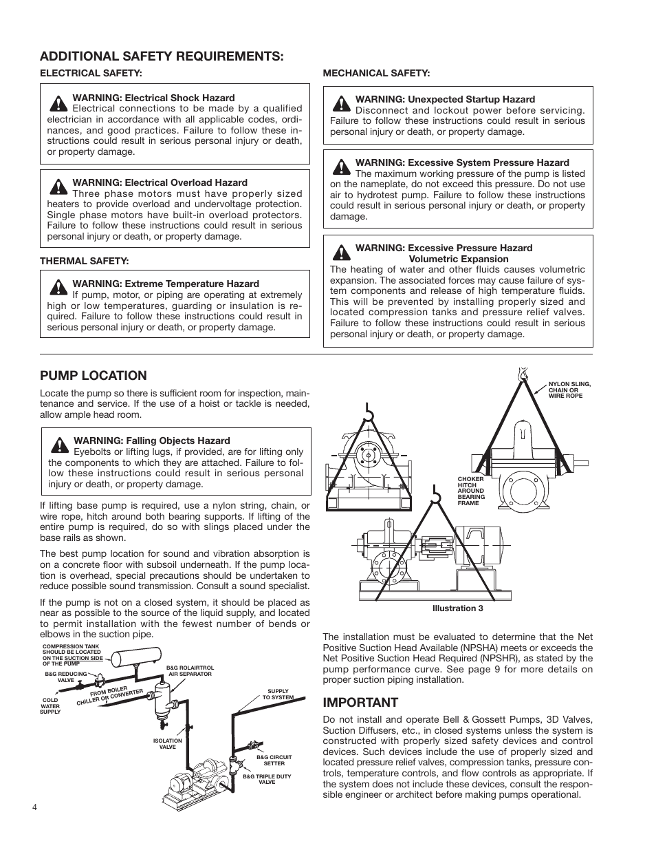 Pump location, Important, Additional safety requirements | Bell & Gossett P81875G Series HSC-S Centrifugal Pump User Manual | Page 4 / 31