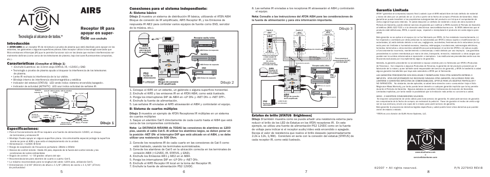 Air5, Tecnología al alcance de todos, Receptor ir para apoyar en super- ficie | Garantía limitada, Introducción, Características, Dibujo 1 especificaciones, Conexiones para el sistema independiente, Dibujo 2 dibujo 3, A: sistema básico | ATON Tabletop IR Receiver w/Plug AIR5 User Manual | Page 2 / 2