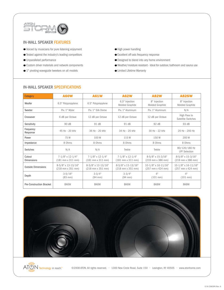 In-wall speaker features, In-wall speaker specifications | ATON Storm Series A62W User Manual | Page 2 / 2