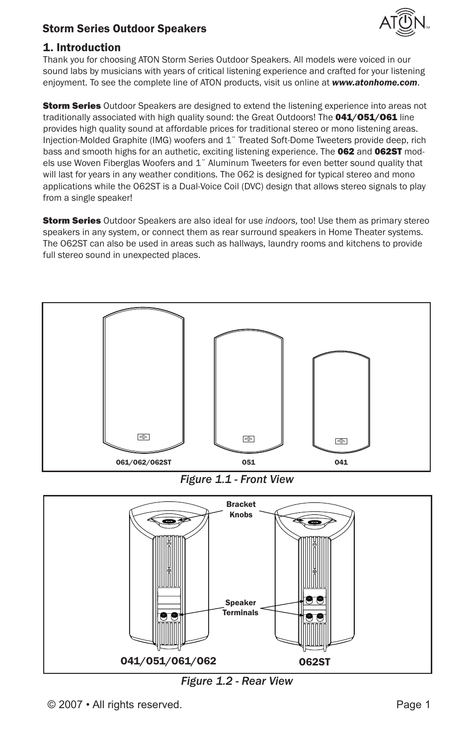 Storm series outdoor speakers 1. introduction, Figure 1.2 - rear view figure 1.1 - front view | ATON O41 User Manual | Page 3 / 12