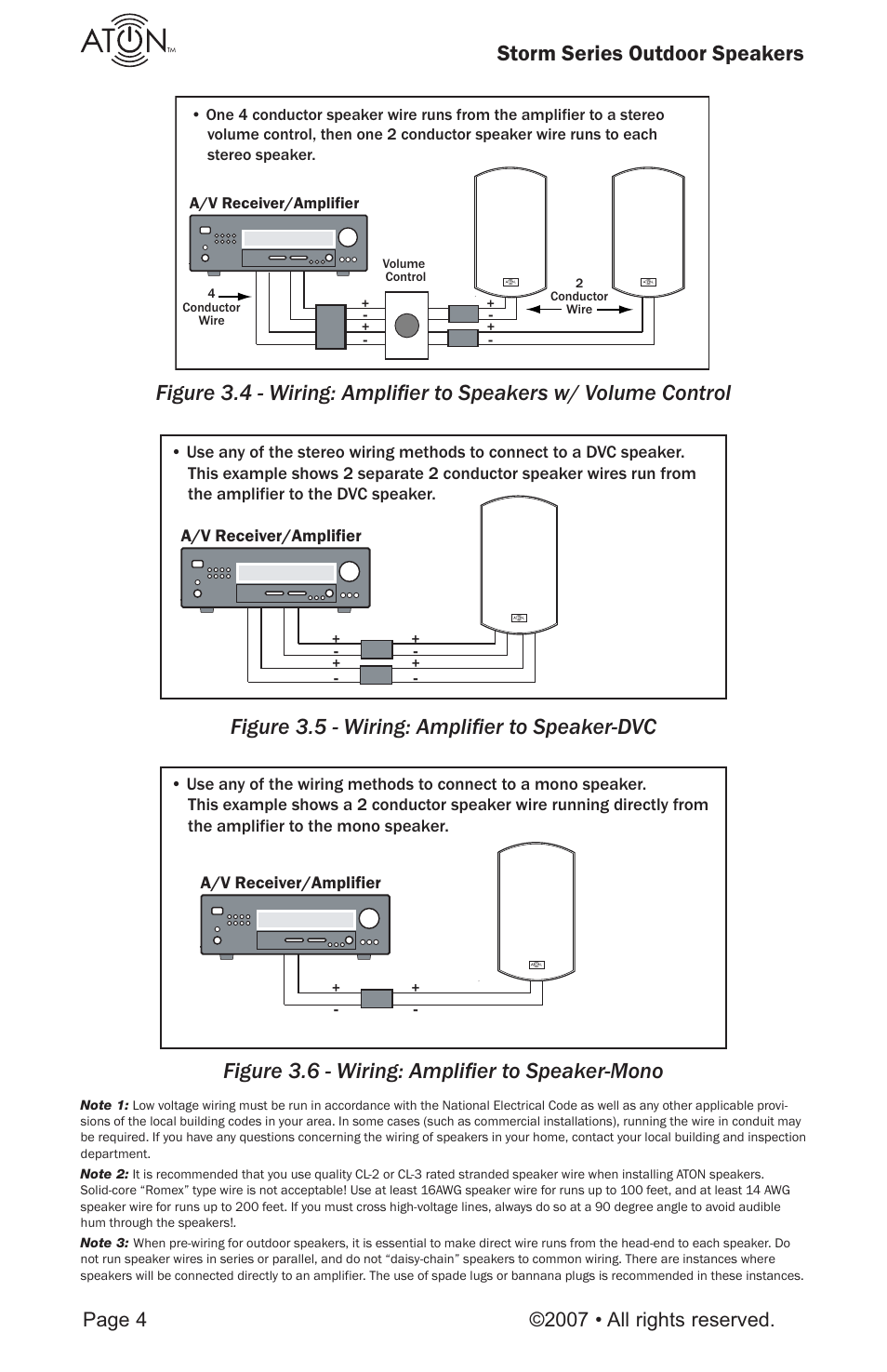 Storm series outdoor speakers, Figure 3.6 - wiring: ampliﬁ er to speaker-mono | ATON O41 User Manual | Page 6 / 12