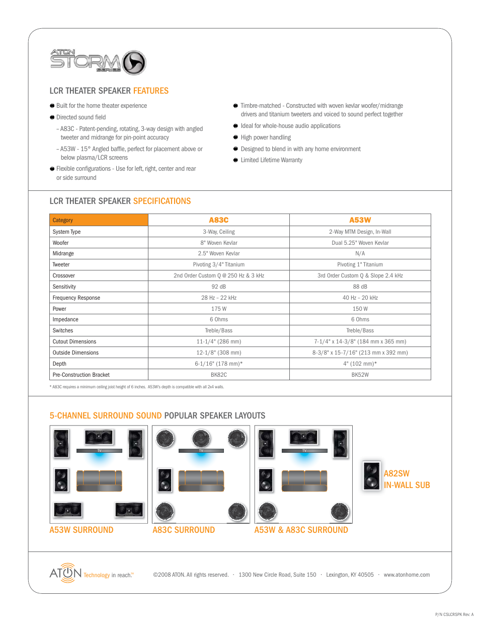 Lcr theater speaker features, A82sw in-wall sub | ATON A83C User Manual | Page 2 / 2