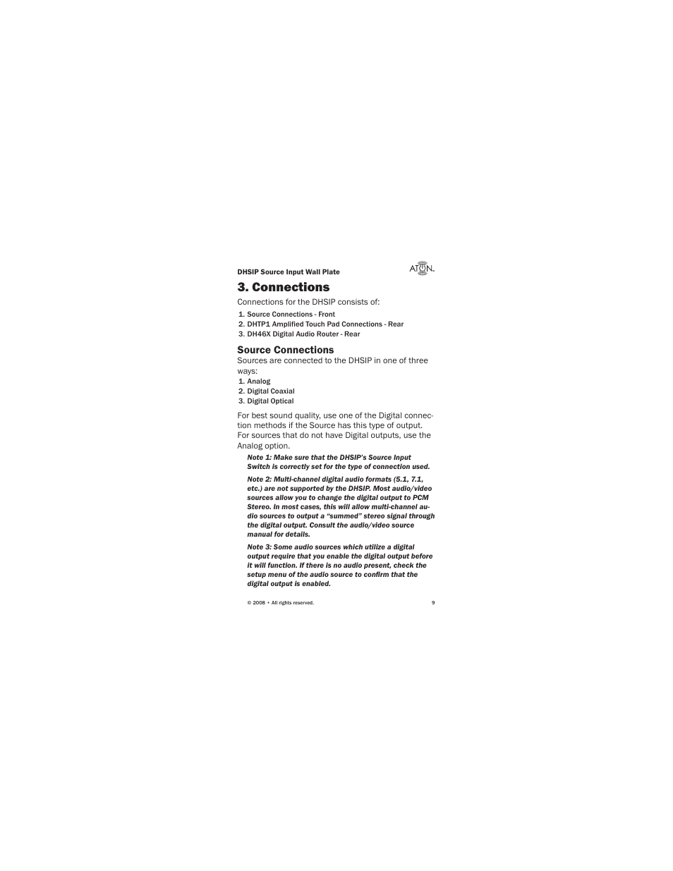 Connections, Source connections | ATON Source Input Wall PlateWallplate DHSIP User Manual | Page 11 / 48