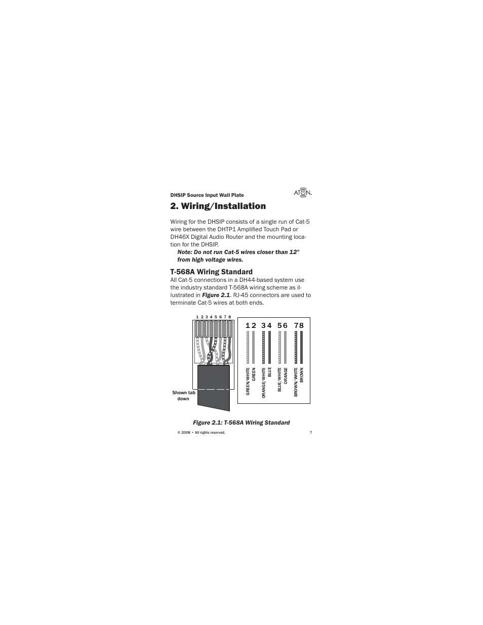Wiring/installation, T-568a wiring standard | ATON Source Input Wall PlateWallplate DHSIP User Manual | Page 9 / 48