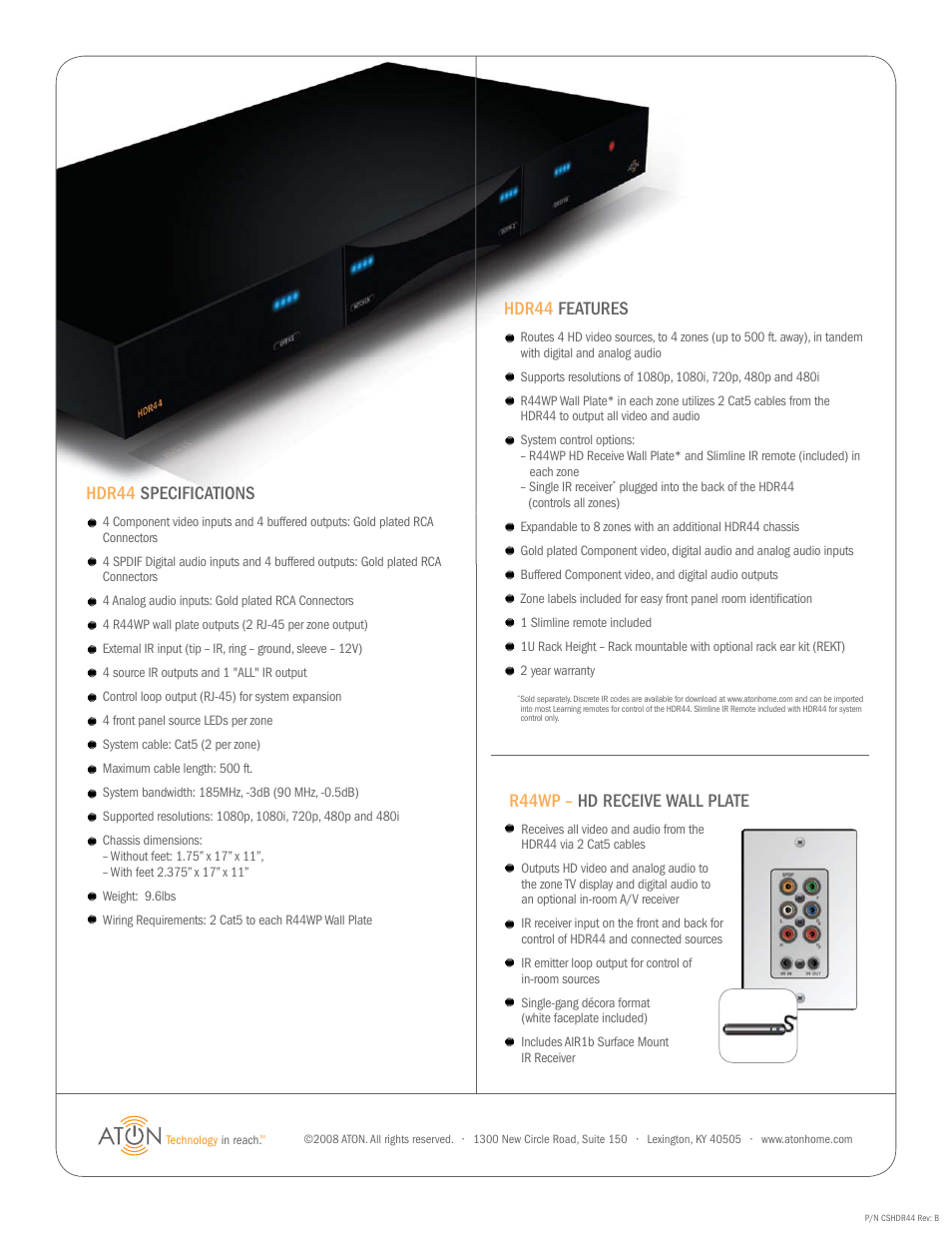 R44wp – hd receive wall plate, Hdr44 features, Hdr44 specifications | ATON HD Video Router R44WP User Manual | Page 2 / 2