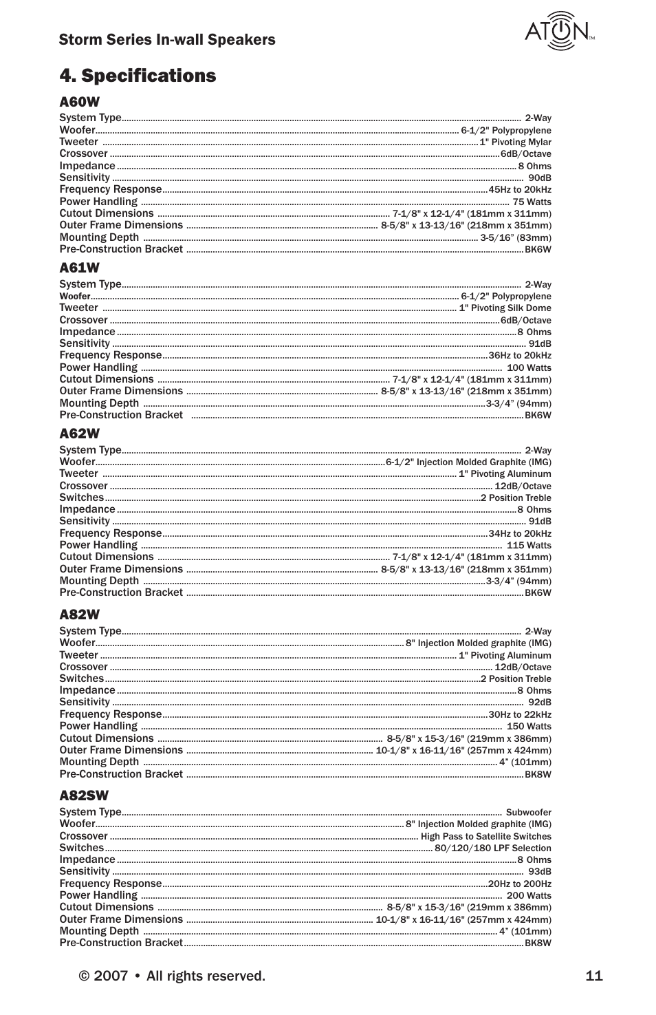 Specifications, Storm series in-wall speakers, A60w | A61w, A62w, A82w, A82sw | ATON Storm Series A82SW User Manual | Page 13 / 16