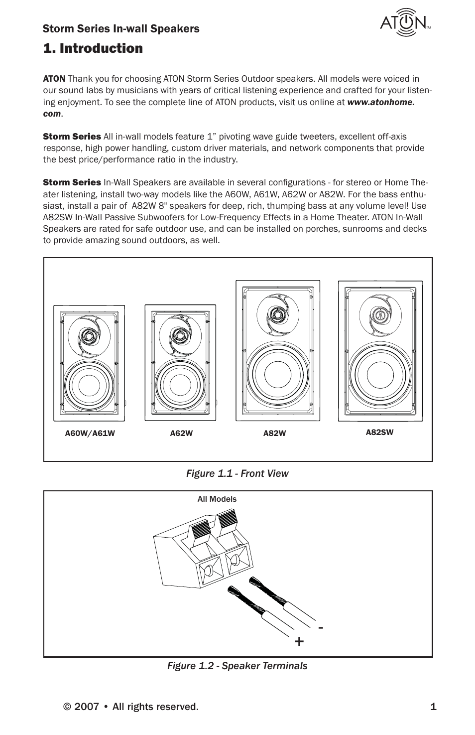 Introduction, Storm series in-wall speakers, Figure 1.1 - front view | Figure 1.2 - speaker terminals | ATON Storm Series A82SW User Manual | Page 3 / 16