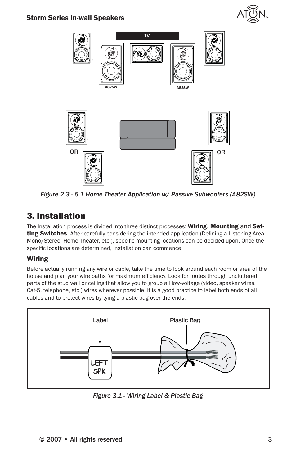 Installation, Storm series in-wall speakers, Wiring | Left spk, Wiring, mounting and set- ting switches, Figure 3.1 - wiring label & plastic bag | ATON Storm Series A82SW User Manual | Page 5 / 16