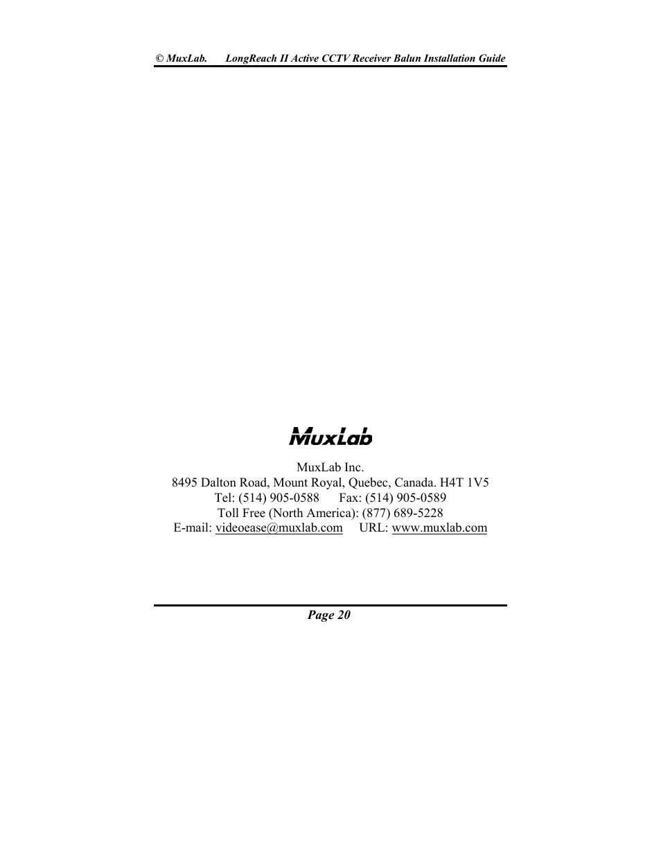 Muxlab LongReach II Active CCTV Receiver Balun User Manual | Page 20 / 20