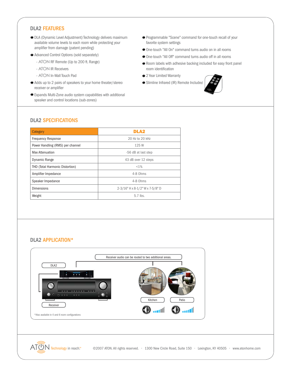 Dla2 features dla2 specifications, Dla2 application | ATON DLA2  EN User Manual | Page 2 / 2