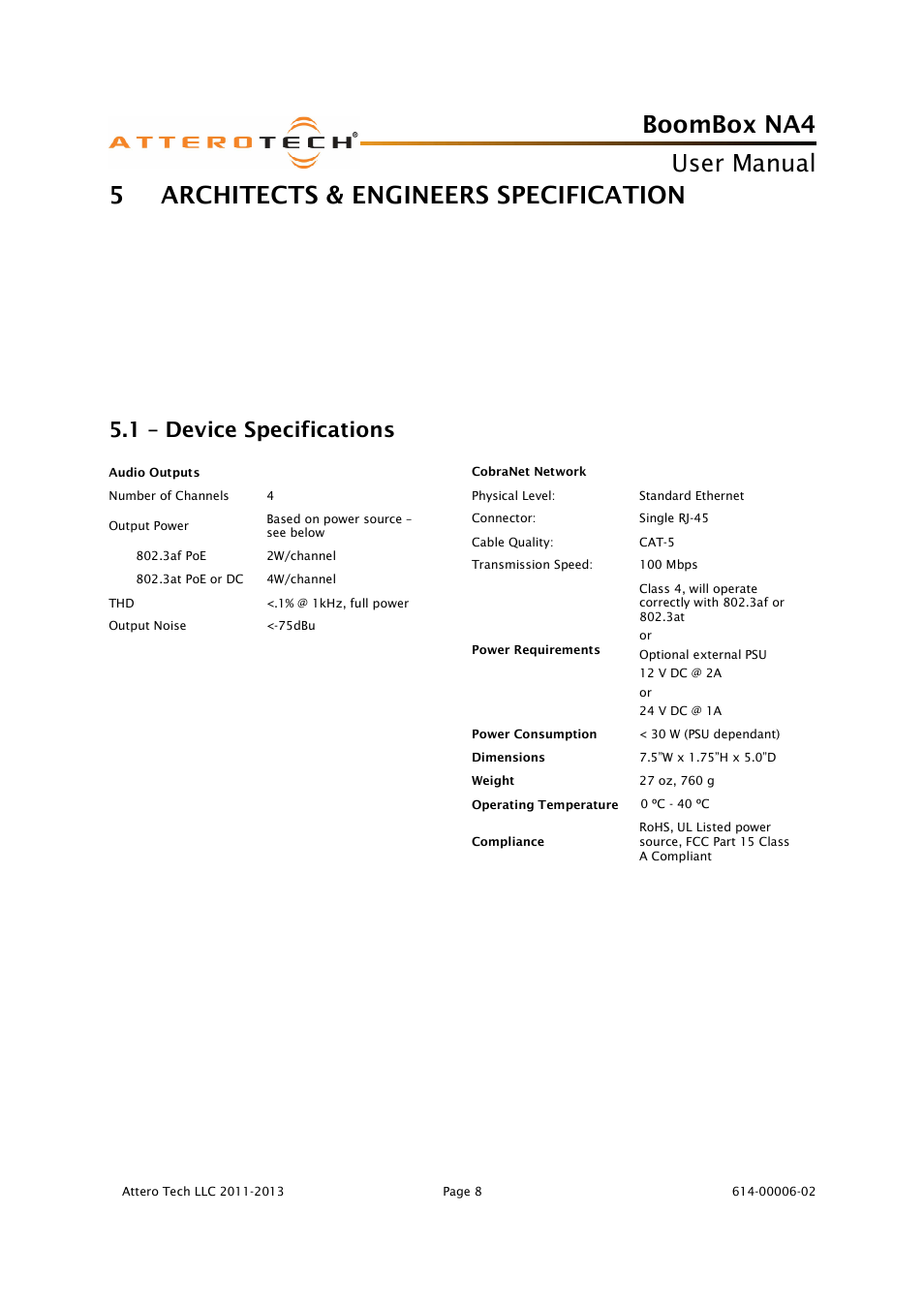Boombox na4, User manual, 5– architects & engineers specification | 1 – device specifications | Attero Tech BoomBox NA4 User Manual | Page 12 / 15