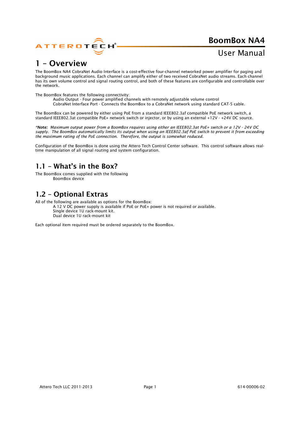 Boombox na4, User manual, 1 – overview | 1 – what’s in the box, 2 – optional extras | Attero Tech BoomBox NA4 User Manual | Page 5 / 15