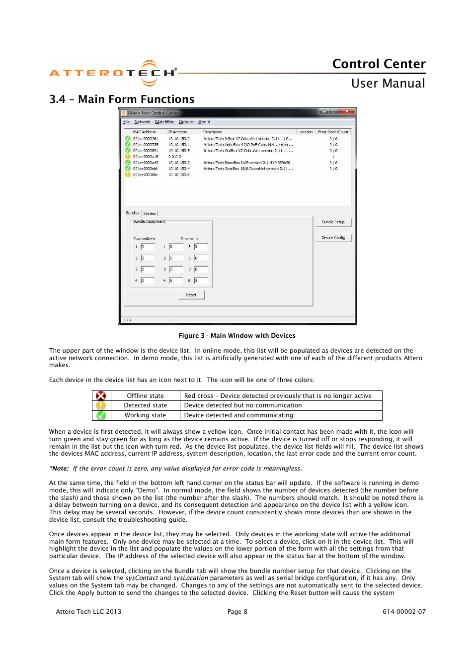 Control center, User manual, 4 – main form functions | Attero Tech Control Center User Manual | Page 10 / 25