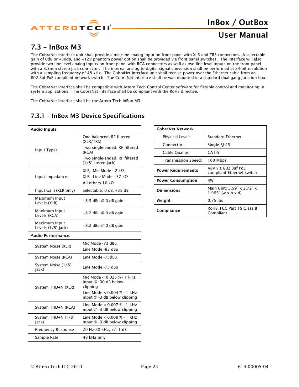 Inbox / outbox user manual, 3 – inbox m3, 1 – inbox m3 device specifications | Attero Tech InBox/OutBox User Manual | Page 29 / 38