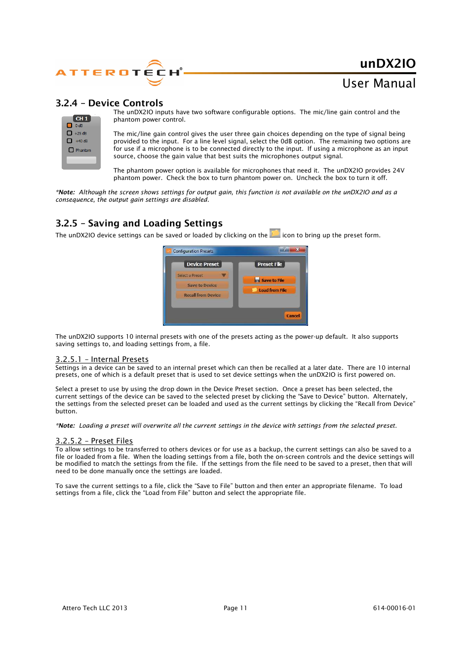 Undx2io, User manual, 4 – device controls | 5 – saving and loading settings | Attero Tech unDX2IO User Manual | Page 12 / 14