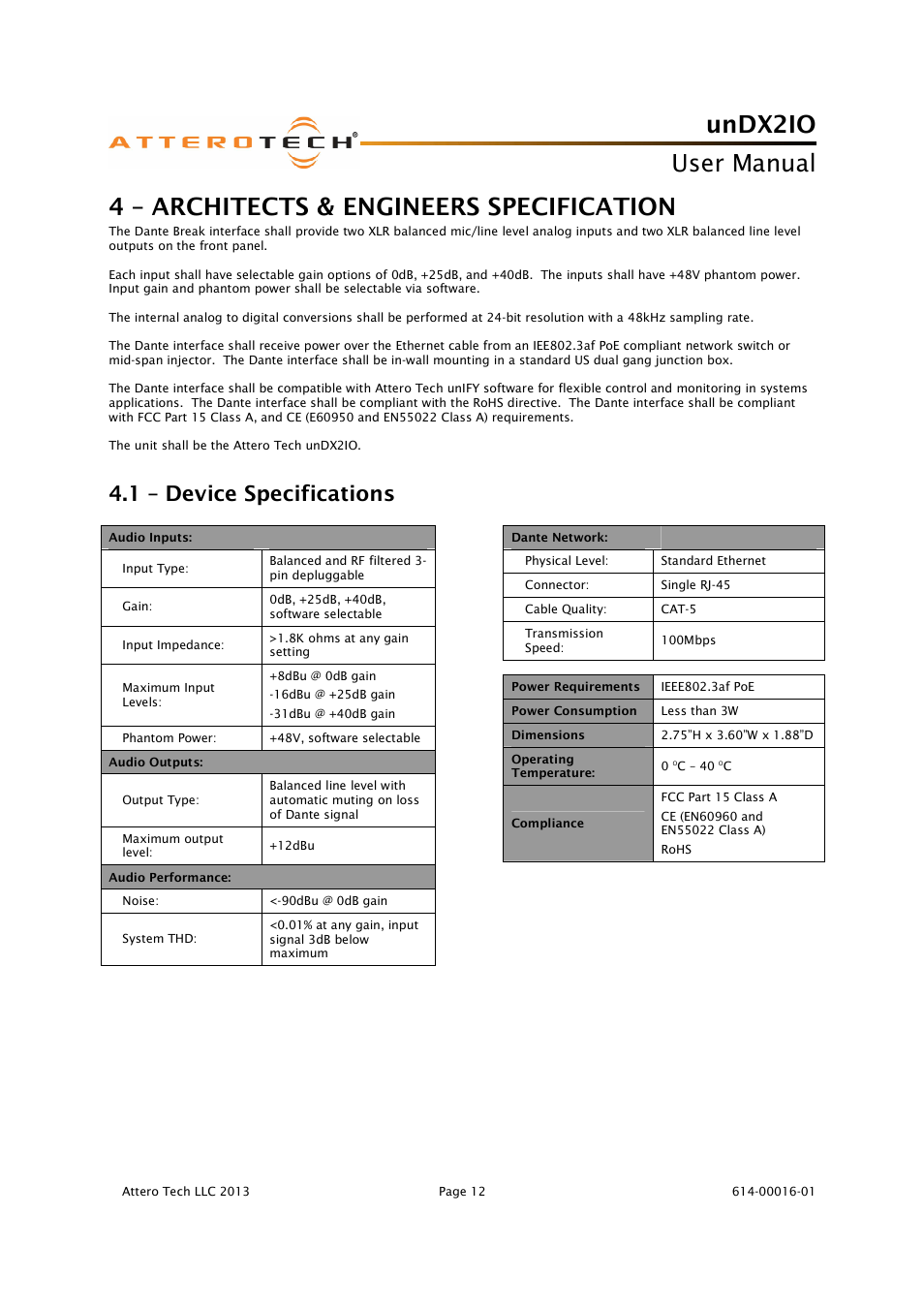 Undx2io, User manual, 4 – architects & engineers specification | 1 – device specifications | Attero Tech unDX2IO User Manual | Page 13 / 14