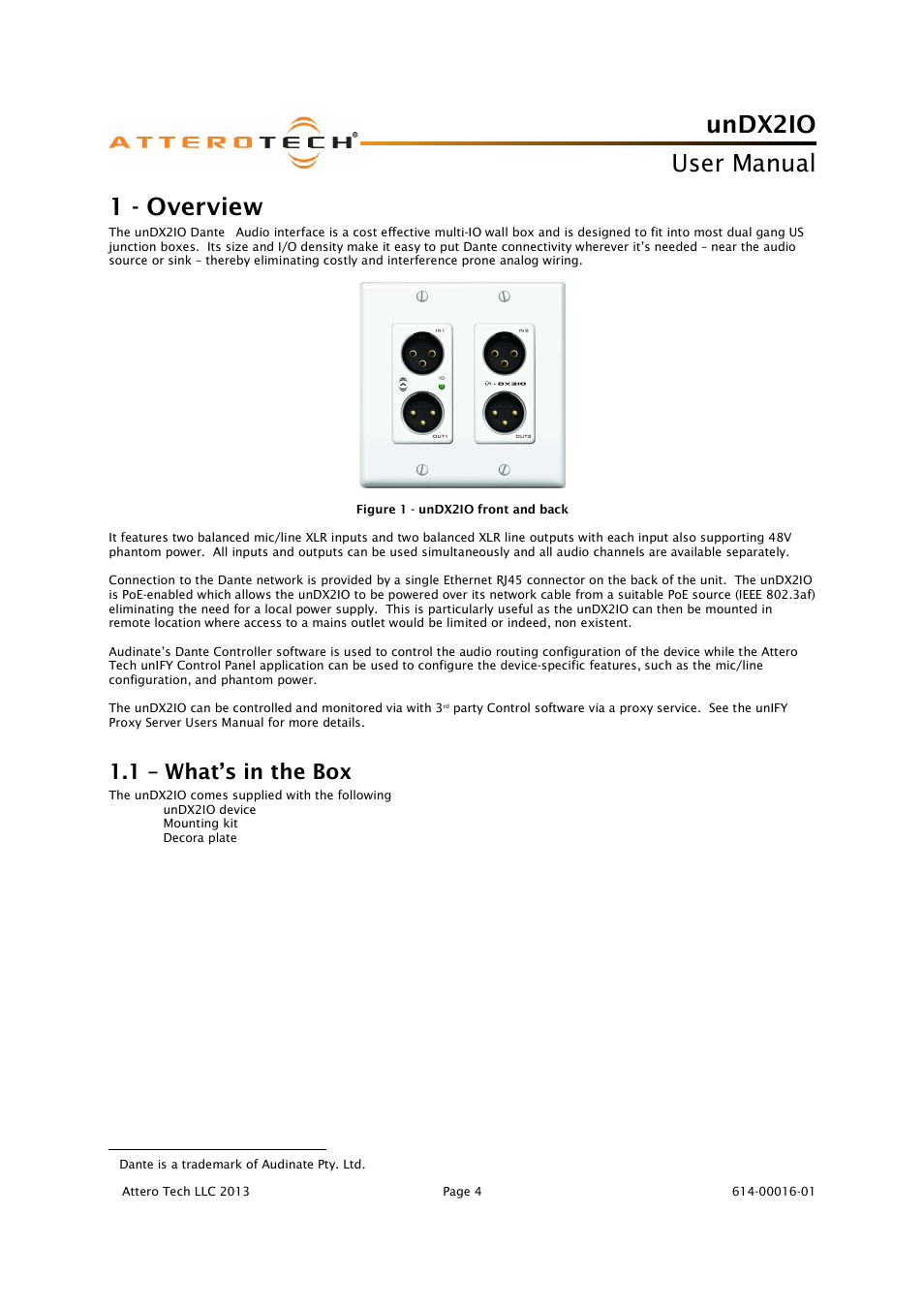 Undx2io, User manual, 1 - overview | 1 – what’s in the box | Attero Tech unDX2IO User Manual | Page 5 / 14