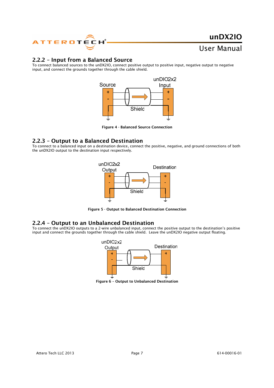 Undx2io, User manual, 2 – input from a balanced source | 3 – output to a balanced destination, 4 – output to an unbalanced destination | Attero Tech unDX2IO User Manual | Page 8 / 14