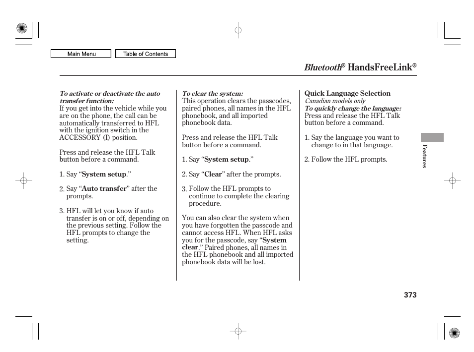 Handsfreelink, Bluetooth | Acura 2010 RL User Manual | Page 376 / 551