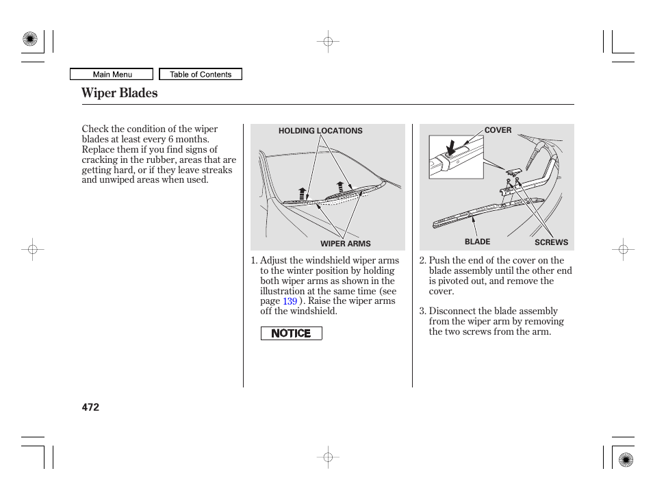 Wiper blades | Acura 2010 RL User Manual | Page 475 / 551