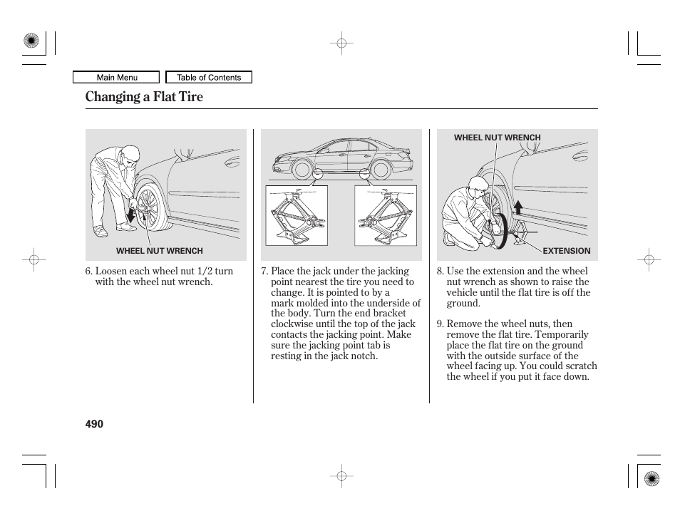 Changing a flat tire | Acura 2010 RL User Manual | Page 493 / 551