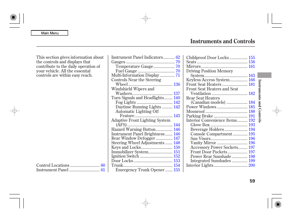 Instruments and controls | Acura 2010 RL User Manual | Page 62 / 551