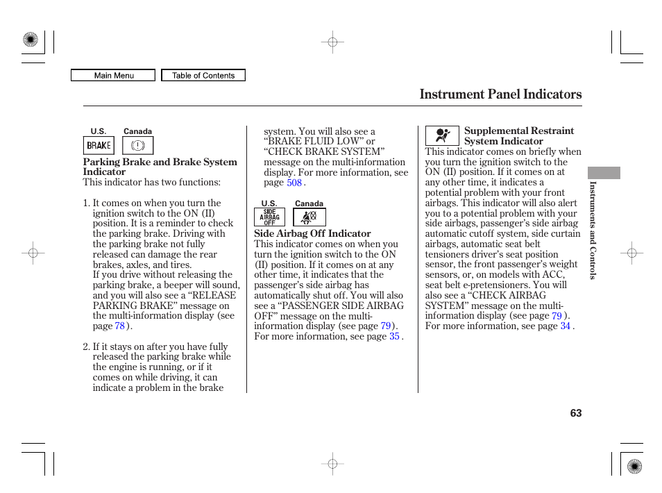 Instrument panel indicators | Acura 2010 RL User Manual | Page 66 / 551
