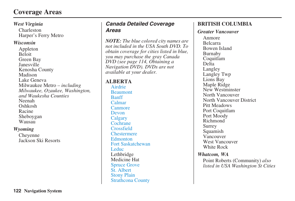 Coverage areas | Acura 2008 RDX 31STK810 User Manual | Page 123 / 161