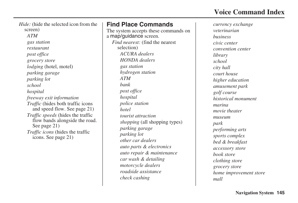 Voice command index | Acura 2008 RDX 31STK810 User Manual | Page 146 / 161
