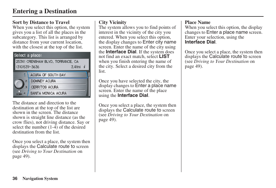 Entering a destination | Acura 2008 RDX 31STK810 User Manual | Page 37 / 161