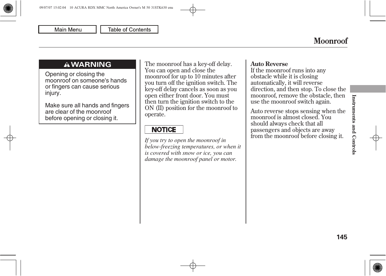 Moonroof, 2010 rdx | Acura 2010 RDX User Manual | Page 149 / 514