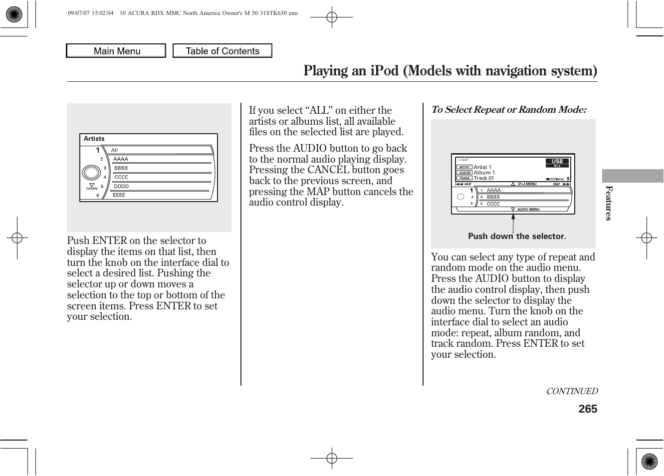 Playing an ipod (models with navigation system), 2010 rdx | Acura 2010 RDX User Manual | Page 269 / 514