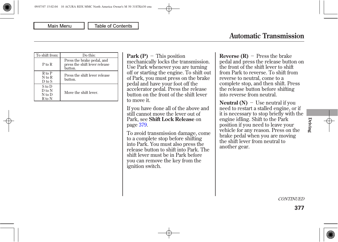 Automatic transmission, 2010 rdx | Acura 2010 RDX User Manual | Page 381 / 514
