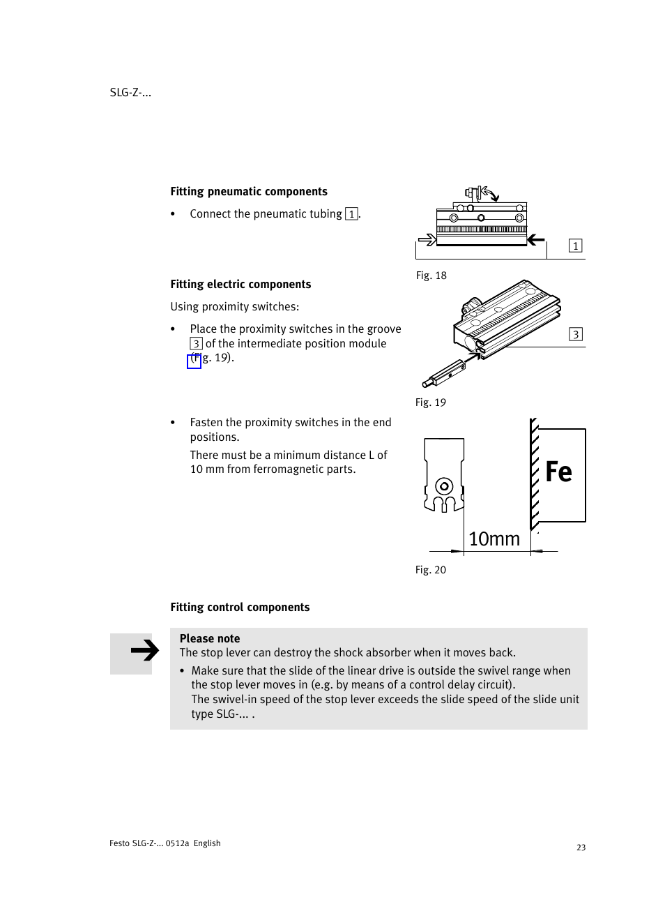 Fig. 18 fitting pneumatic components, Fig. 19 fitting electric components, Fitting control components | 10mm | Festo Промежуточная позиция для линейного модуля DGC User Manual | Page 23 / 88