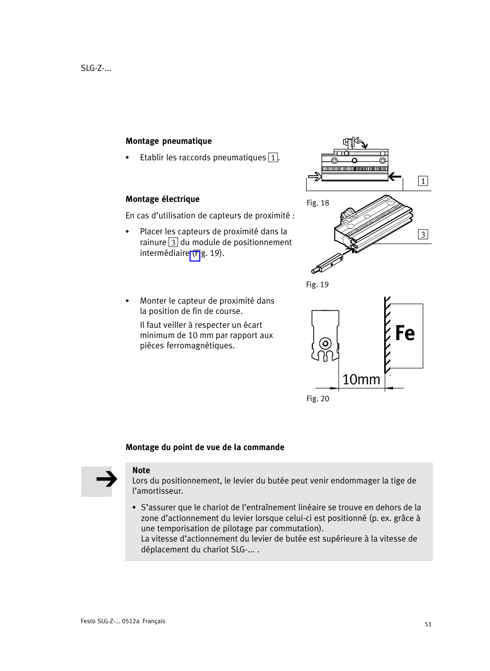 Fig. 18 montage pneumatique, Fig. 19 montage électrique, Montage du point de vue de la commande | 10mm | Festo Промежуточная позиция для линейного модуля DGC User Manual | Page 51 / 88